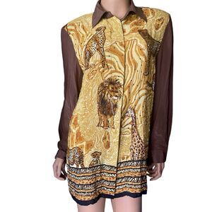 Diane Gilman 100% Silk Tunic Blouse L Safari Sequins Animal Print Vtg Jungle